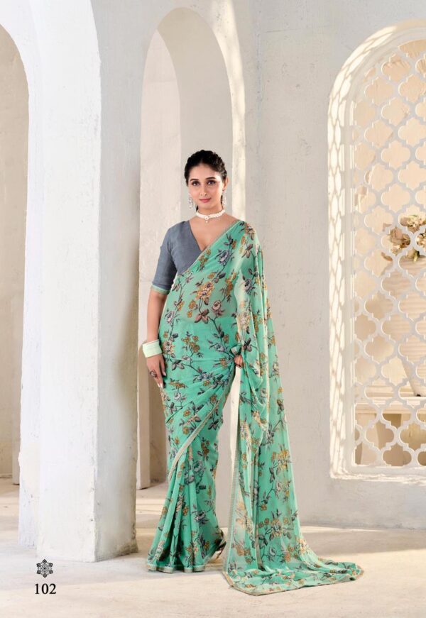 FOX GEORGATTE SAREE WITH FANCY PRINT AND FANCY LESS BRODAR WITH FANCYPRINT RUNNING BLOUSE